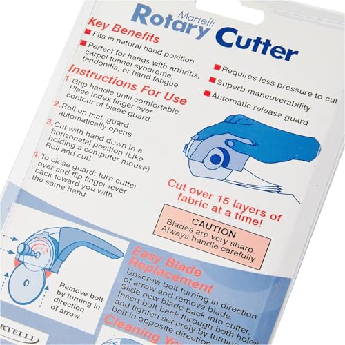 Martelli - Right Handed 60mm Ergonomic Fabric Rotary Cutter for safe pain free fabric cutting - sewing, quilting, fashion design notions & supplies good for arthritis carpal tunnel wrist pain