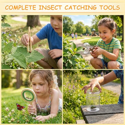 SainSmart Jr. Bug Catcher for Kids - Wooden Bug Habitat with Magnified Viewer, Butterfly Net, Observation Box, Tweezers & 15 Cards, Outdoor Toys & STEM Toys for Boys & Girls Ages 3+, Green - color: Green