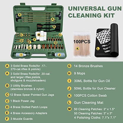 iunio Universal Gun Cleaning Kit, with Mat and Case, Full Brass Jags, Rods and Adapters, for All Guns, Rifle, Shotgun, Handgun, Pistol, Hunting, Shooting, All Caliber - color: Green