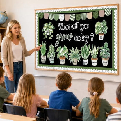 Plant Bulletin Board Decorations Set Inspirational Greenery Eucalyptus Classroom Decor What Will You Grow Today Growth Mindset Paper Cutouts for Back to School Teacher Home Wall Door Party Supplies - style: Plant