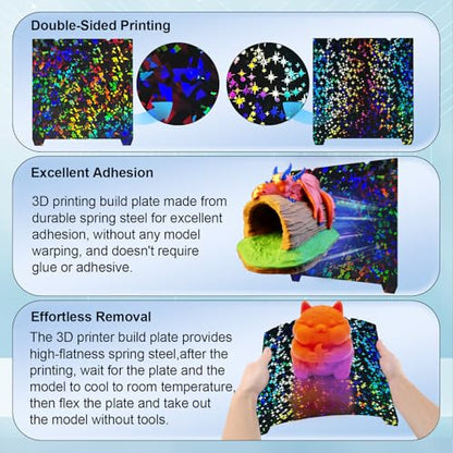 IdeaFormer-3D Rainbow Confetti PEF+Galaxy PEY Build Plate for Creality K1 Max/Ender 3 V3 Plus, Flexible Smooth PEF PEY Bed Plate K1 Max Holographic Plate Without Magnetic Plate 310x315mm - color: Confetti PEF+Galaxy PEY