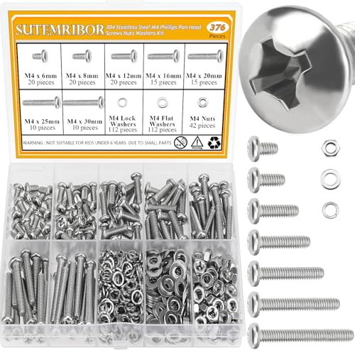 376 Pieces M4 Machine Screws Nuts Washers Set, Sutemribor M4 x 6/8/12/16/20/25/30mm Phillips Pan Head Machine Screws Nuts Washers Assortment Kit, 304 Stainless Steel, Fully Threaded - size: M4, style: Phillips Pan Head