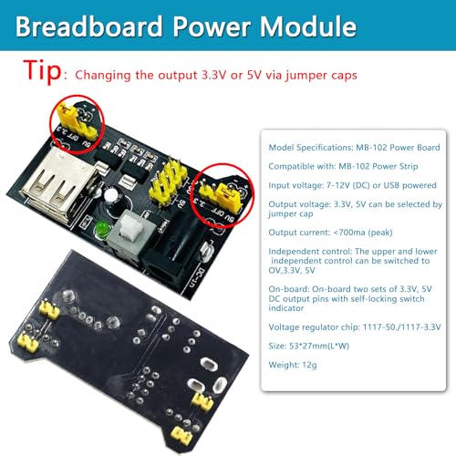 arduino Power Supply 3.3V 5V MB102 Solderless Breadboard Power Supply Module with 9V Battery Clip +4pcs Alligator Clip Test Lead+25pcs 5 Colors LED+12pcs 0.22-470uf capacitors+ Dupont Wire - size: 3pcs Power Supply Module Kit