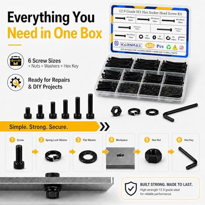 600PCS M3x25/30/35/40/45/50mm Hex Socket Head Cap Screws, Nuts & Washers Kit, Fully Threaded Long Bolts, 12.9 Grade Alloy Steel, Black Oxide, M3 Machine Screws for Furniture & Repairs - size: M3 600pcs