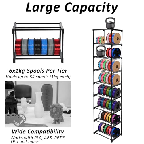 9-Tier Metal 3D Printer Filament Storage Rack, 16.5" x 12" x 80.7" Spool Holder DIY Tiers Filament Storage Shelf for 3D Printing Machine Workspaces Holds up to 54 Spools, Tool-Free Assembly