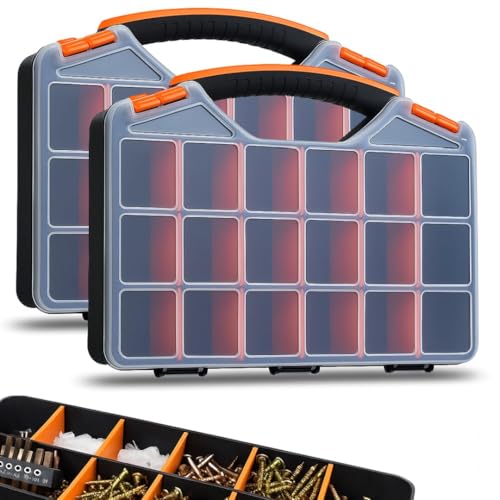 Andalus Tools Organizer Box, Small Parts Storage 18-Compartment Portable Hardware Organizer Removable Plastic Dividers for Screws, Nuts, Bolts, Nails – Orange (2 Pack, 12.75" x 10" x 1.75") - size: 2 Pack, 12.75" x 10" x 1.75"