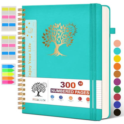 PERCUN Spiral Notebook 300 Numbered Lined Pages Hardcover Journal 8.5"x11" - color: Blue, size: A4 size (8.5in x 11.5in)