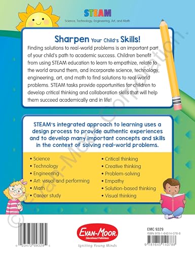 Evan-Moor Skill Sharpeners STEAM Workbook, Grade PreK, Science, Technology, Engineering, Art, Math, Hands On Activities, Helping Others, Collaboration, Solve Real World Problems, Puzzles, Homeschool