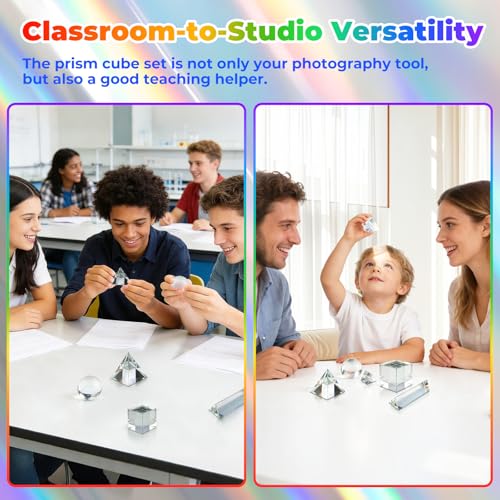 7 Pack K9 Optical Crystal Photography Prism Set, Include 1-4in Triangular Prism, 2in Crystal Glass Prism Cube, 2in Crystal Ball, 2in Dome Magnifier, Light Prism for Physics Teaching Photography Play