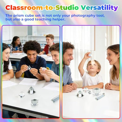 7 Pack K9 Optical Crystal Photography Prism Set, Include 1-4in Triangular Prism, 2in Crystal Glass Prism Cube, 2in Crystal Ball, 2in Dome Magnifier, Light Prism for Physics Teaching Photography Play