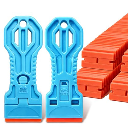 2 Pack Plastic Razor Blade Scraper with 100 Replacement Plastic Blades, Tool-Free One-Press Blade Replacement, Non Scratch Adhesive Remover for Stickers, Labels, Decals, Glass, Windows & Cars