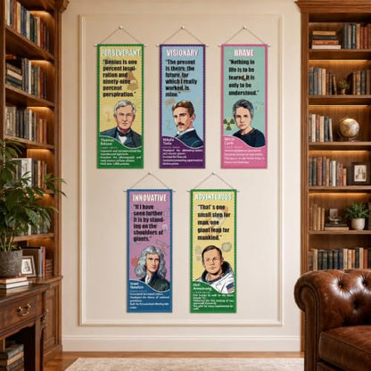 9 Pcs Famous Scientists Hanging Poster Educational Science Classroom Decor 41x16in Celebrity Inspirational Banner Decorations Motivational Wall Art for Back to School Classroom Library Office