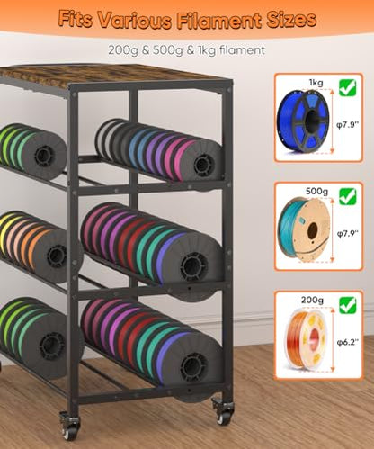 3-Tier 3D Printer Filament Storage Rack with Stand & Wheels, Black - color: black, size: 3-tier