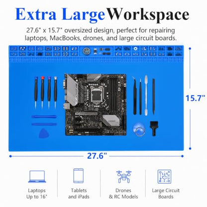 Extra Large Soldering Mat 932°F Heat Resistant Silicone Solder Mat 27.6''x15.7'' Non-Slip Large Repair Workbench Pad for Electronics Phone Watch Computer Laptop Repair BGA Soldering Iron (Blue) - color: Blue
