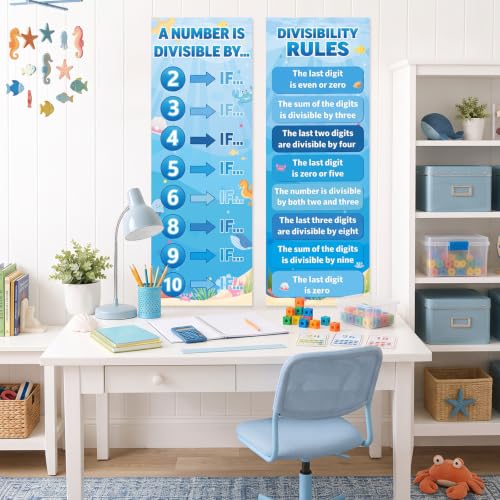 Educational Math Posters for Middle School Large Divisibility Mathematics Banner Ocean Theme Classroom Decor Blue Sea Math Posters Bulletin Board for Teachers Elementary High School Classroom Wall - style: Ocean