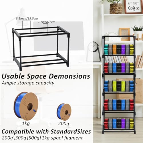 2 Pack 3D Printer Filament Storage Rack, 6-Tier Large Capacity Spool Holder, Heavy Duty Metal Filament Organizer Shelf for PLA/ABS/TPU/Other 3D Printing Materials, Printing Studio & Workshop