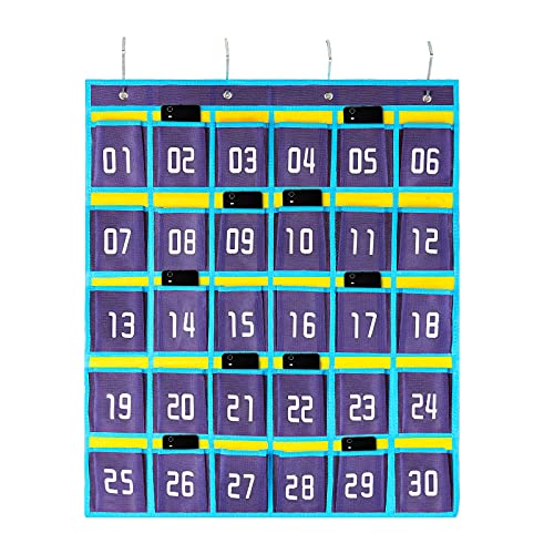 Loghot 30 Numbered Pockets Classroom Pocket Chart for Cell Phone Holder - size: 30 Pockets Blue