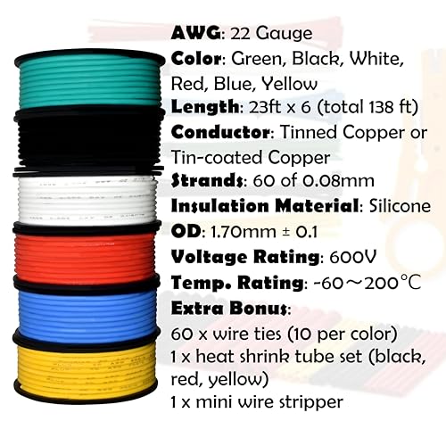 22 AWG Stranded Wire Kit – Silicone Coated Copper Wires 22 Gauge Pre-Tinned 23ft/7m Each Spool, 6 Colors (Black, Red, Yellow, Green, Blue, White), Electrical Jumper Wire Hook Up Wire Kit from Plusivo - style: 22 AWG Stranded Wire Silicone Insulation
