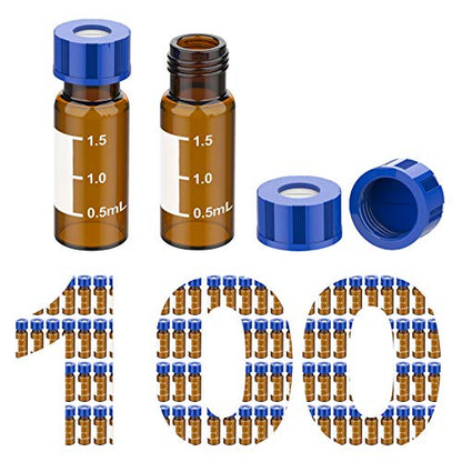 Membrane Solutions 2mL Autosampler Vials, 9-425 GC/HPLC Vials, 100 Pcs - size: Amber Vial & Pre-slit Blue PTFE septa