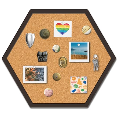 CRASPIRE Hexagon Cork Board 9.8 X 8.5 Inch Pin Bulletin Boards Wall Mounted Framed Display Badge Wooden Decorative Memory Memo Brooch Lapel Pins Pictures Holder Storage for Office Home Decor - style: Hexagon