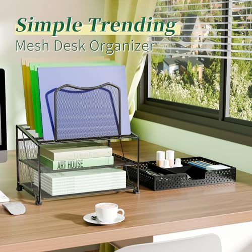 Simple Trending Mesh Desk Organizer with Sliding Drawer, Double Tray with 5 Sections File Bookshelf, Black - size: 13.25”W x 9.25”D x 15.25”H