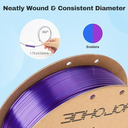 Silk PLA Filament 1.75mm Blue Purple Dual Color PLA 3D Printer Filament 2 in 1 Coextrusion 1KG Spool(2.2lbs) 3D Printing Filament Dimensional Accuracy +/- 0.03mm Fits for Most FDM 3D Printers - color: Blue Purple