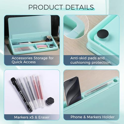TOWON Compact Glass Desktop Whiteboard with Storage 12x7 in, Teal Blue - color: Teal Blue