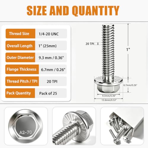 mankk 25PCS 1/4-20 x 1 Flanged Hex Head Bolts, 18-8 (304) Stainless Steel, Serrated Flange, Fully Threaded, for Auto, Motorcycle, Marine & DIY - size: SS 1/4-20 x 1"