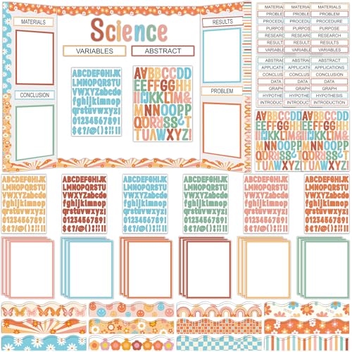 122Pcs Science Fair Board Supplies 72 Groovy Hippie Trim Scalloped Borders 36 Presentation Board Subtitles 6 Self Adhesive Project Titles 8 Letter Stickers for Classroom Office Decor(Groovy) - style: Groovy Hippie