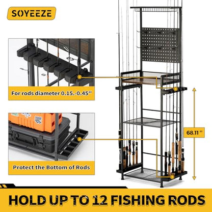 SOYEEZE Fishing Rod Holders for Garage,Fishing Gear Holder for Fishing Rod Tackle Box Storage，Fishing Pole Holders for 12 Rods with Hooks and Pegboard,Fishing Stand with Reel Rack, Standard Size - size: Standard