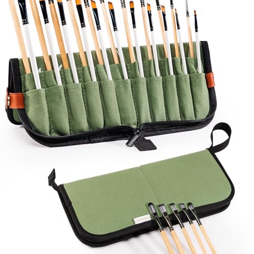 Stand Up Paint Brush Holder Case, 22-Slot Paintbrush Storage Bag Pop-Up - color: Green, size: Medium 6*11"