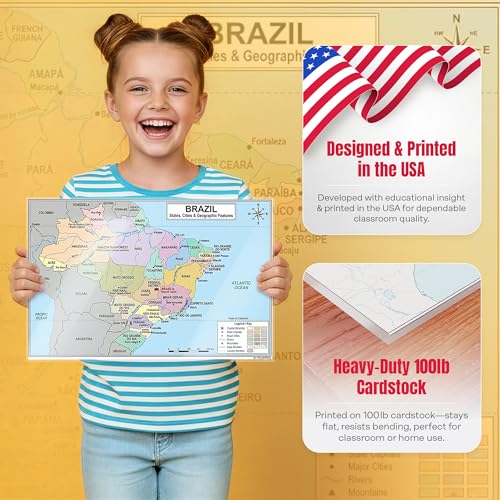 Brazil Map Poster 11x17 | Laminated Double-Sided Geography Chart with Color Map Front & Blank Outline Back | Reusable Classroom & Homeschool Learning Tool - color: Brazil