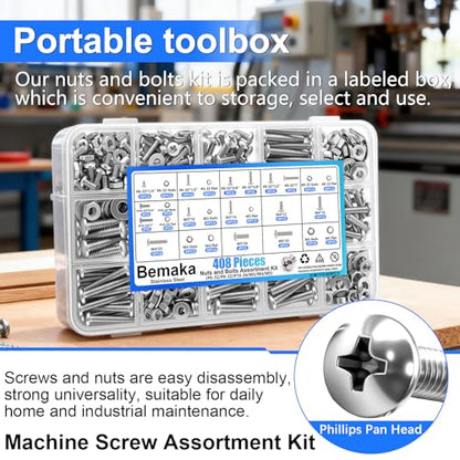 408PCS Machine Screws Nuts and Bolts Assortment Kit, 304 Stainless Steel Bolts #6-32#8-32#10-24 M3 M4 M5 Phillips Pan Head Hardware Screw Assortment Kit, Assorted Bolts, Nuts and Washers Kit - size: SS #6 #8 #10 M3 M4 M5