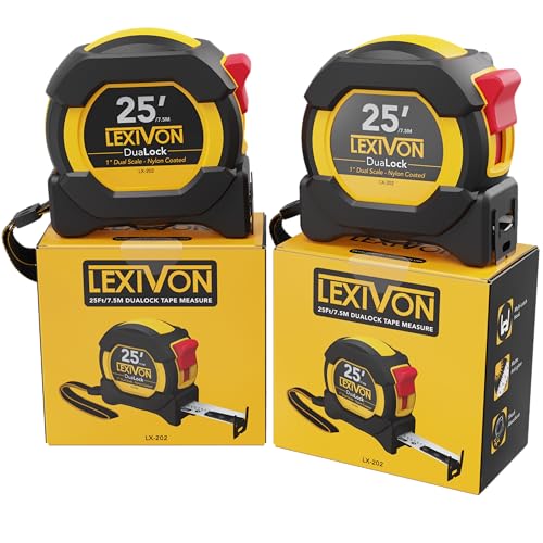 LEXIVON [2-Pack] 25Ft/7.5m DuaLock Tape Measure | 1-Inch Wide Blade with Nylon Coating, Matt Finish White & Yellow Dual Sided Rule Print | Ft/Inch/Fractions/Metric (LX-202) - size: 25 ft 2-Pack