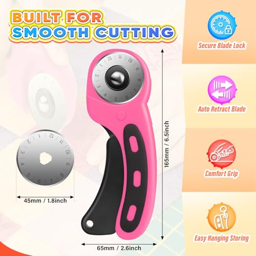 DIYSELF Rotary Cutter, Sharp Rotary Cutters for Fabric, 45 mm Quilting Cutter with Safety Lock, Fabric Cutter, Craft Supplies Sewing Tools, Mat Cutter Blades Rotary Tool for Quilting Projects (Pink) - color: Pink