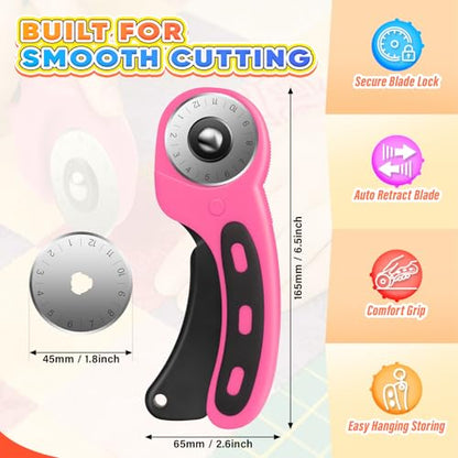 DIYSELF Rotary Cutter, Sharp Rotary Cutters for Fabric, 45 mm Quilting Cutter with Safety Lock, Fabric Cutter, Craft Supplies Sewing Tools, Mat Cutter Blades Rotary Tool for Quilting Projects (Pink) - color: Pink