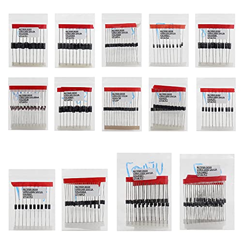 Diodes Assortment Kit: Pack of 350pcs 14 Values, Rectifier Schottky, Fast Recovery, Switching Diode (1N4001 1N4004 1N4007 1N5404 1N5406 1N5408 RL207 1N5817 1N5819 1N5822 UF4007 FR107 FR207 1N4148)