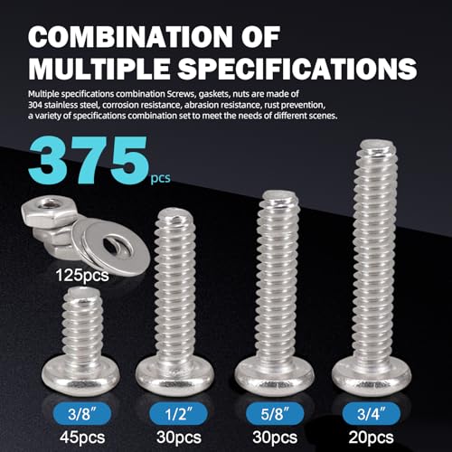 375PCS Bolt Combination kit # 6 Machine Screw with Locking Washer and Flat Washer, 304 Stainless Steel Phillips Round Head Screws nut and Bolt kit(3/8 inch, 1/2 inch, 5/8 inch, 3/4 inch) - size: 3.5 mm, style: Round head machine screw