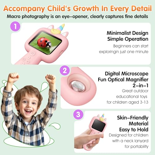 Kids Microscope, 2.4" Screen 600X Handheld Digital Microscope for Kids - color: pink