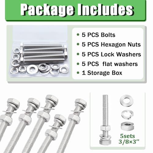 5 Sets 3/8-16 x 3 Stainless Steel Hex Head Screws Bolts, Nuts, Flat & Lock Washers,18-8(304) Full Thread - color: Silver-hex, size: 3/8-16×3"(5 sets)