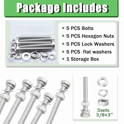 5 Sets 3/8-16 x 3 Stainless Steel Hex Head Screws Bolts, Nuts, Flat & Lock Washers,18-8(304) Full Thread - color: Silver-hex, size: 3/8-16×3"(5 sets)