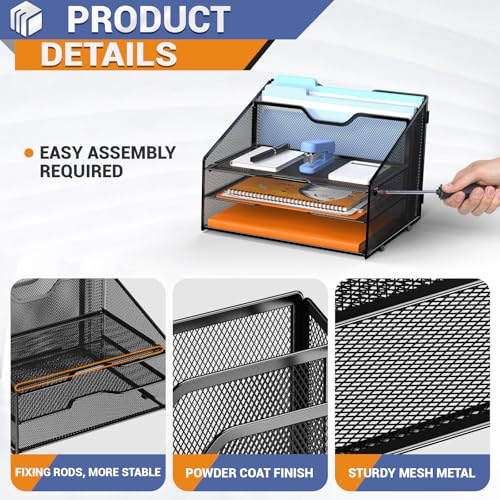 GAWERK Letter Tray Organizer, Mesh Desk File Organizer with 3 Paper Trays and 2 Vertical Upright Section (Blue) - color: Blue
