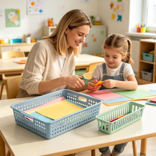 6 Pack Turn in Trays Classroom with 6Pcs Small Baskets, Plastic Classroom Storage Bins Paper Trays for Classroom,Teachers, Students(13.6”×10.6”×3.1”) - color: Boho