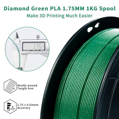 ZIRO 3D Printer Filament, 1.75mm Glitter Sparkle PLA, 1KG Diamond Green - color: Diamond-green