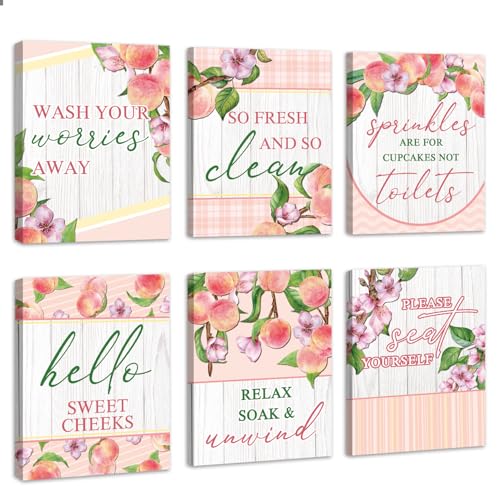 HOURIA 6pcs Framed Watercolor Peaches Bathroom Canvas Wall Art,8 * 10”Lovely Pink Peach Blossom Pictures Wall Decor,Sweet Cheeks Please Seat Yourself Funny Posters for Bathroom - color: Pink Wall Art, size: 8X10inches