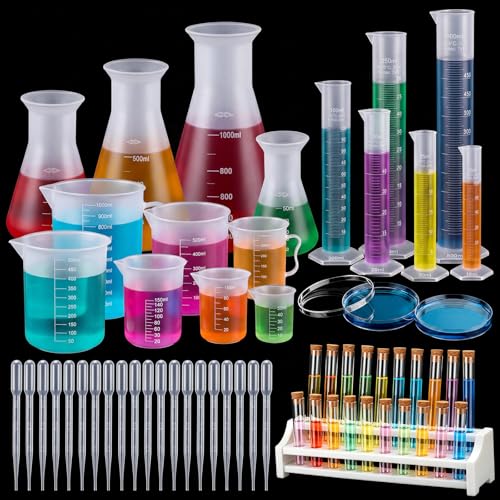 Mifoci 60 Pcs Lab Set Beakers Flask Test Tubes Cylinder Droppers Rack