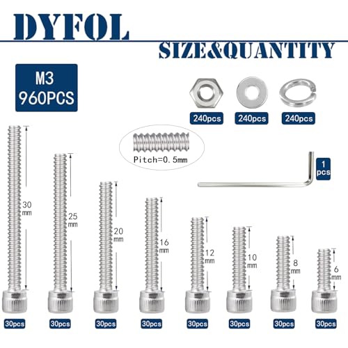 960PCS M3 Screws Assortment Kit, M3x6/8/10/12/16/20/25/30 mm Hex Socket Head Bolts, Nuts & Washers Assorted Set - 304 Stainless Steel M3 Screw for 3D Printer,DIY(960, M3) - size: M3