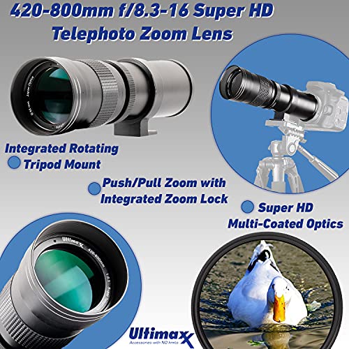 Ultimaxx 420-800mm (w/Converter 840-1600mm) f/8.3-16 Manual Telephoto Zoom T-Mount Lens Kit for Nikon D700, D750, D780, D800, D810, D850, D3500, D3400, D5200, D5300, D5500, D5600, D7100, D7200 &More