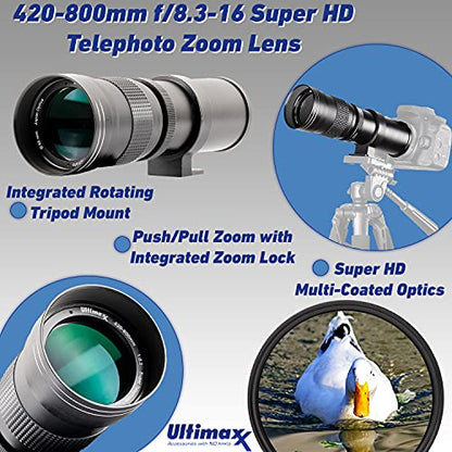 Ultimaxx 420-800mm (w/Converter 840-1600mm) f/8.3-16 Manual Telephoto Zoom T-Mount Lens Kit for Nikon D700, D750, D780, D800, D810, D850, D3500, D3400, D5200, D5300, D5500, D5600, D7100, D7200 &More