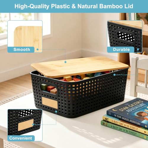Bagnizer Small Plastic Storage Bins with Bamboo Lids 5.2qt Stackable Box Basket Pantry Decorative Containers Cute with Lable for Organizing Desktop Closet Office Black of 6 packs 10 * 7.2 * 4.1" - color: Black, size: Small- 6 Pack